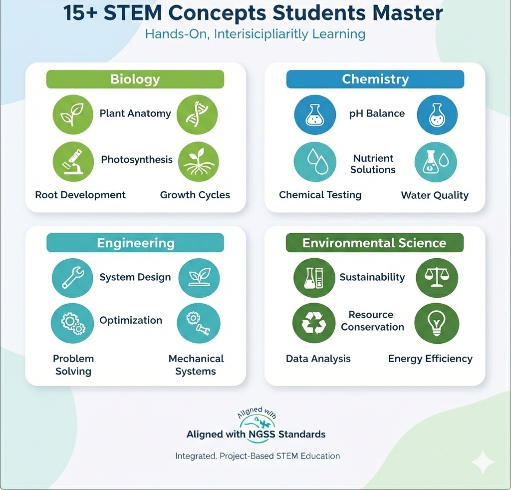 15+ STEM concepts students master: Biology, Chemistry, Engineering, and Environmental Science topics integrated in FogponicsEdu curriculum